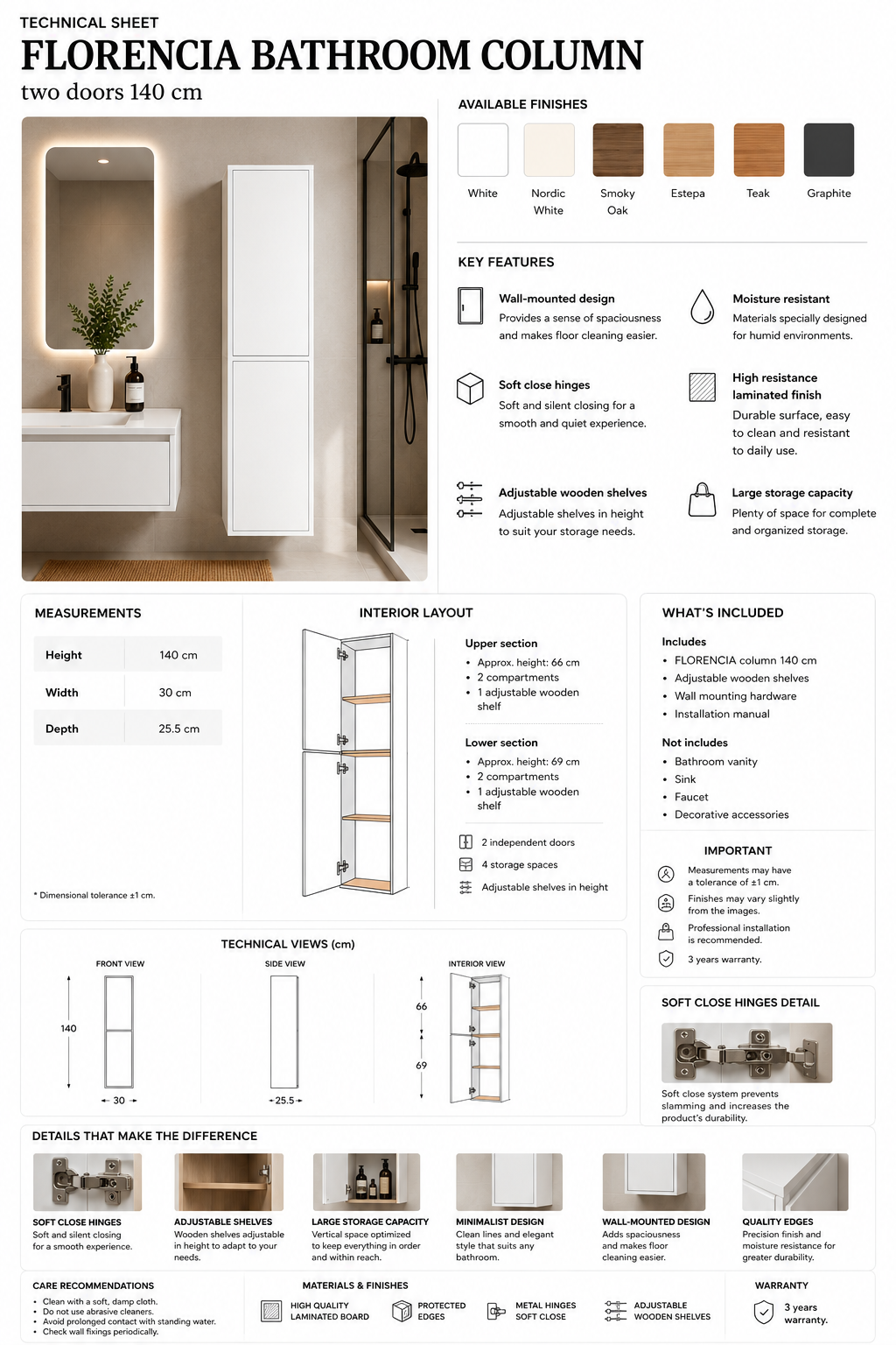 Coluna de casa de banho FLORENCIA duas portas 140 cm