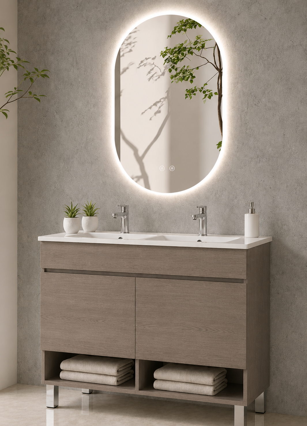 Móvel de casa de banho com pés NEBARI com portas e lavatório extrafino