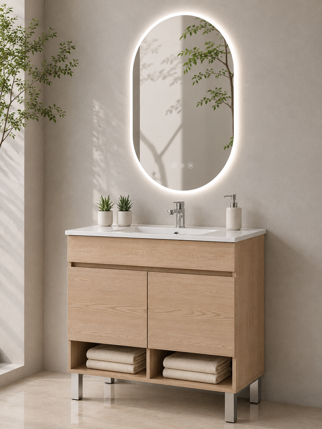 Móvel de casa de banho com pés NEBARI com portas e lavatório extrafino