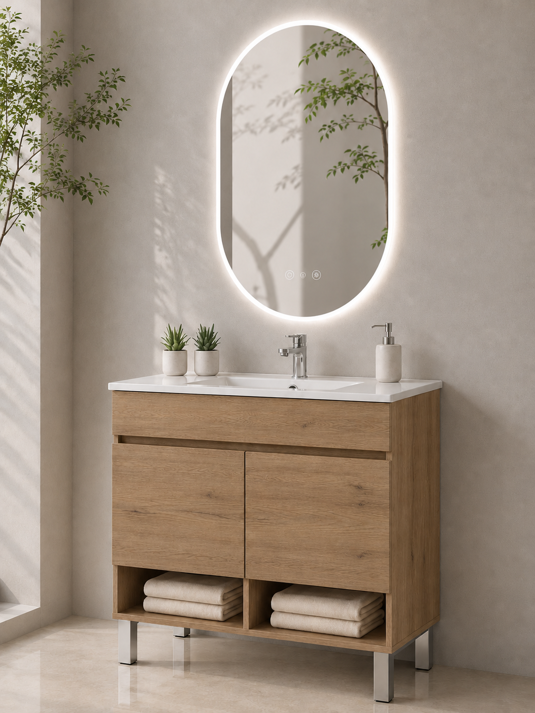 Móvel de casa de banho com pés NEBARI com portas e lavatório extrafino
