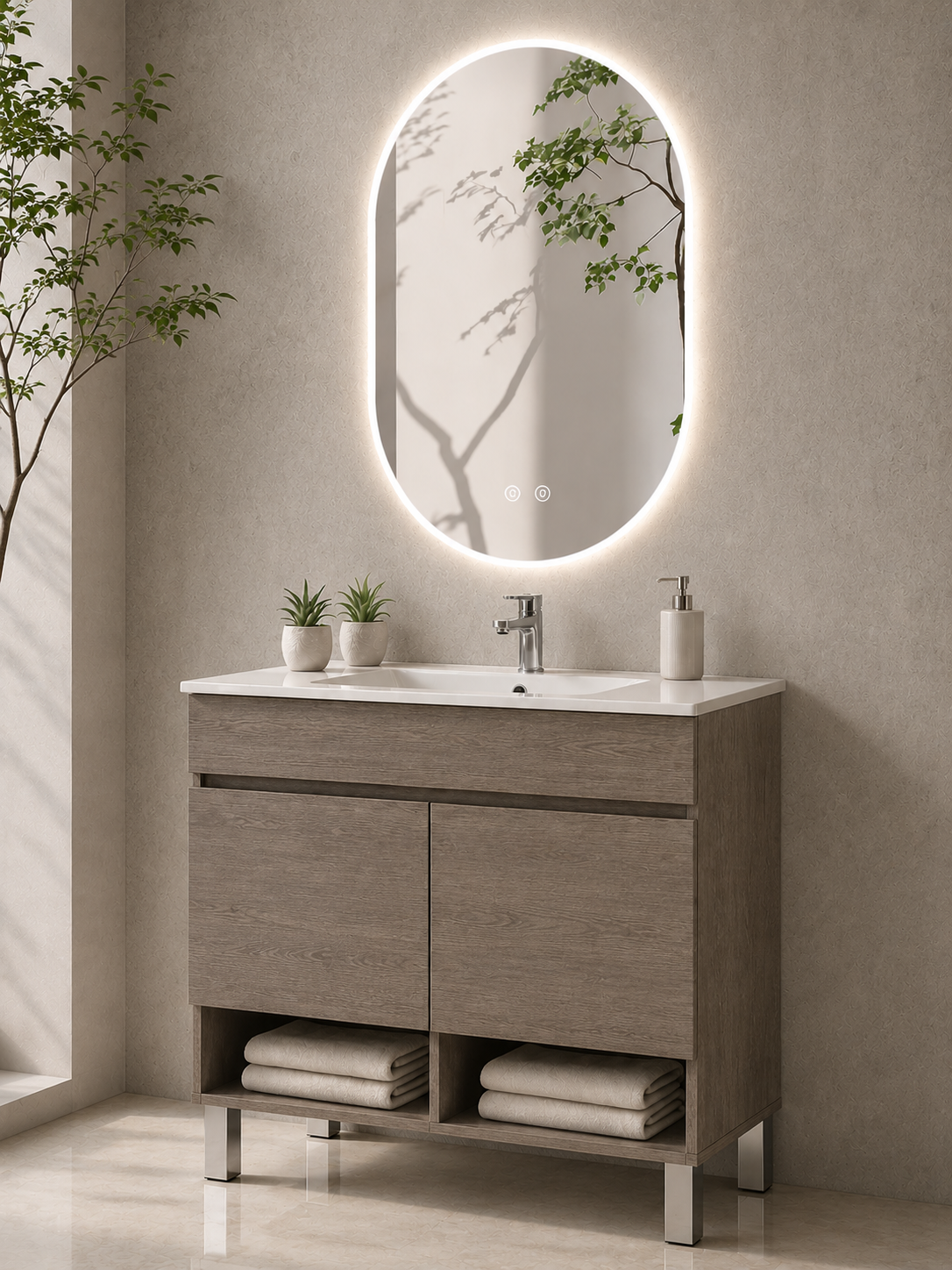 Móvel de casa de banho com pés NEBARI com portas e lavatório extrafino