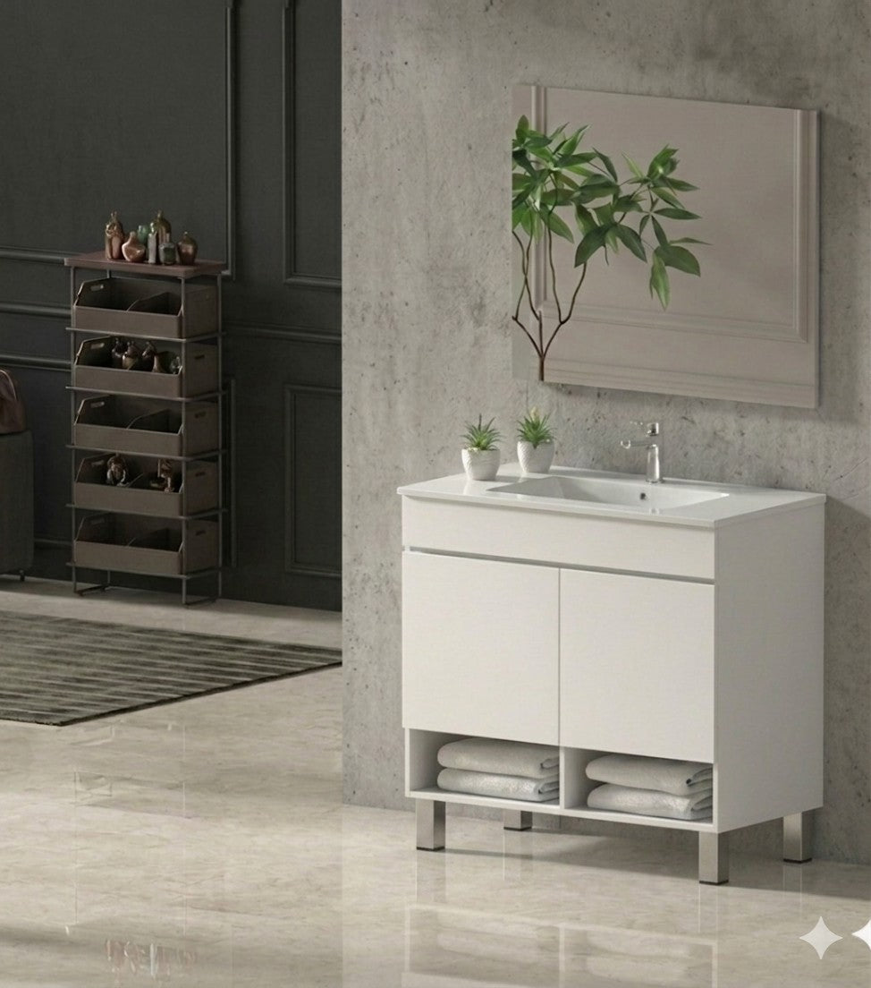 Móvel de casa de banho com pés NEBARI com portas e lavatório extrafino