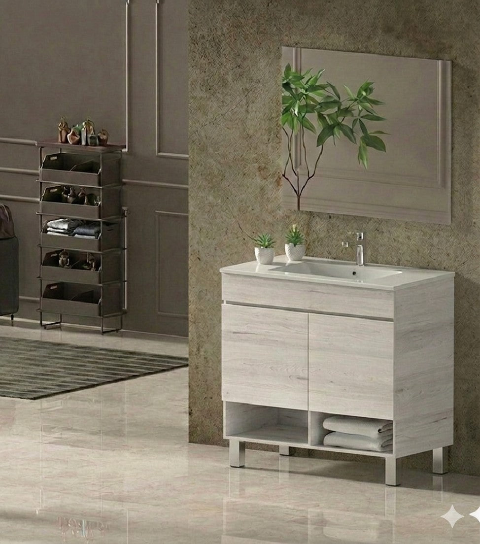 Móvel de casa de banho com pés NEBARI com portas e lavatório extrafino