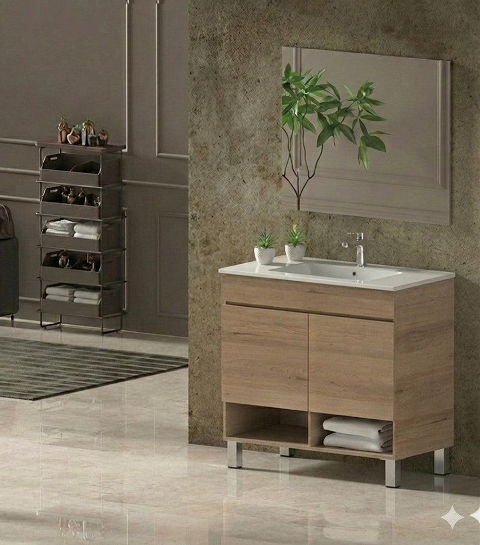Móvel de casa de banho com pés NEBARI com portas e lavatório extrafino