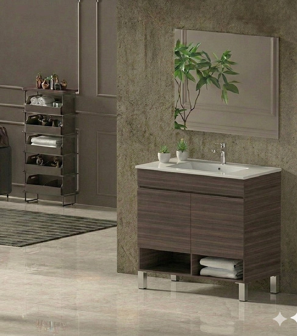 Móvel de casa de banho com pés NEBARI com portas e lavatório extrafino