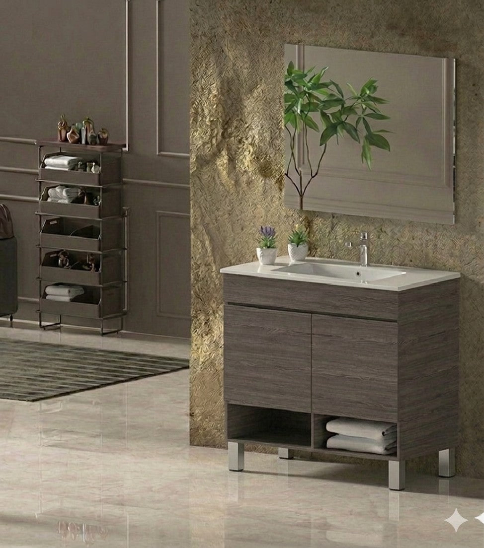 Móvel de casa de banho com pés NEBARI com portas e lavatório extrafino
