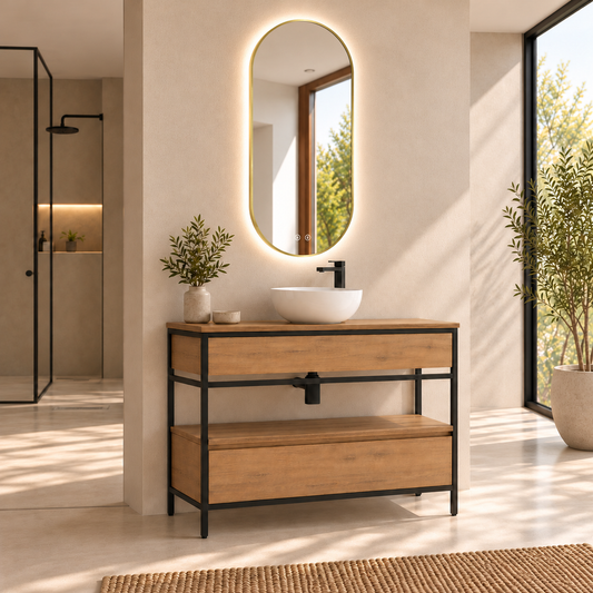 DORIA [1S] Mueble de baño DORIA con patas, cajón y lavabo sobreencimera, vista de ángulo